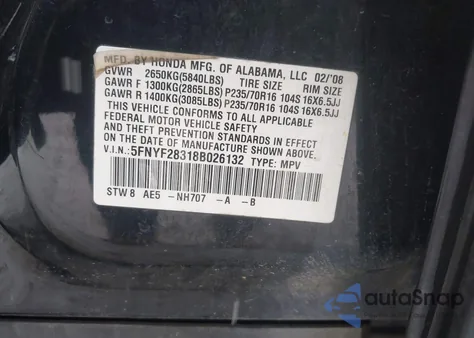 2008 Honda Pilot Se z USA, uszkodzony, nr VIN 5FNYF28318B026132